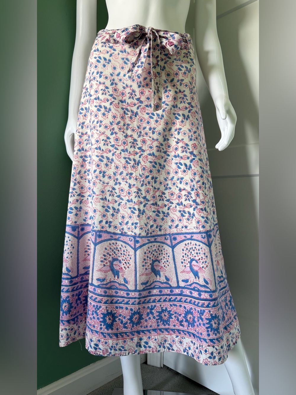 Bohemian Cotton Wrap Maxi Skirt With Peacock Border